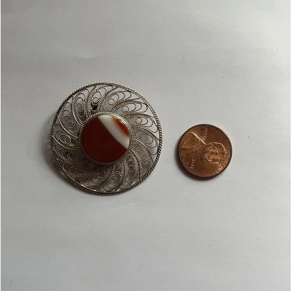 Vintage Sterling Silver Circular Filigree Brooch Made In Israel